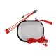 aerial view a red mini tech set with multi - usb cable and earbuds, image 1 of 2