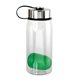 aerial view a green metal lanyard lid 25 oz recycled bottle with floating infuser, image 1 of 2