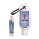 aerial view a group of 1.9 oz spf 30 sunscreen with carabiner and spf 15 lip balm in white tube with hook cap, image 4 of 12