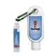 aerial view a group of 1.9 oz spf 30 sunscreen with carabiner and spf 15 lip balm in white tube with hook cap, image 6 of 12