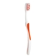 aerial view a orange toothbrush with tongue scraper, image 1 of 2