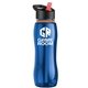a blue bottle & black w/ red spout lid & orange accent collar slim grip - 25 oz tritan(tm) bottle with flip straw lid and accent collar