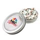a silver small top view tin - imprinted round mints