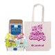 aerial view a beige sweet appreciation gummy candy mailer with tote, image 2 of 4