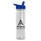 aerial view a clear bottle & royal blue lid slim water bottle, image 1 of 2