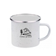 a white 16 oz iron and stainless steel camping mug