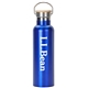 aerial view a blue 20 oz vacuum insulated stainless steel water bottle with screw on bamboo lid, image 1 of 2