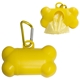 aerial view a yellow dog bone shaped waste bag dispenser w / metal carabiner, image 1 of 2