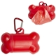 aerial view a translucent red dog bone shaped waste bag dispenser w / metal carabiner, image 1 of 2
