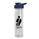 aerial view a navy blue lid & clear bottle 24 oz slim fit halcyon water bottles with drink - thru lid, image 1 of 2
