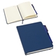 aerial view a navy quorum soft touch journal with matching color gel pen, image 1 of 3