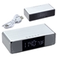 aerial view a silver mystic alarm clock with wireless speaker wireless charger, image 1 of 3