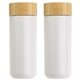 aerial view a white milan 10 oz ceramic tumbler with bamboo lid, image 1 of 2