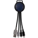 aerial view a navy blue two tone dual input 3- in -1 charging cable, image 1 of 2