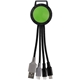 aerial view a lime green two tone dual input 3- in -1 charging cable, image 1 of 2