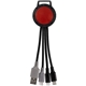 aerial view a red two tone dual input 3- in -1 charging cable, image 1 of 2