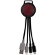 aerial view a burgundy two tone dual input 3- in -1 charging cable, image 1 of 2
