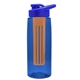 a transparent blue bottle & royal blue lid & orange infuser the flair - 26 oz transparent tritan(tm) bottle with drink thru lid and large infuser