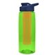 a transparent lime green bottle & navy blue lid & orange infuser the flair - 26 oz transparent tritan(tm) bottle with drink thru lid and large infuser
