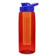 a transparent red bottle & royal blue lid & orange infuser the flair - 26 oz transparent tritan(tm) bottle with drink thru lid and large infuser