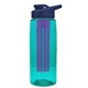 a transparent teal bottle & navy blue lid & violet infuser the flair - 26 oz transparent tritan(tm) bottle with drink thru lid and large infuser