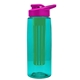 a transparent teal bottle & pink lid & green infuser the flair - 26 oz transparent tritan(tm) bottle with drink thru lid and large infuser