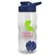 a clear bottle & navy blue lid & blue mixing ball mini mountain 22 oz tritan(tm) shaker bottle with drink thru lid