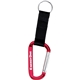 aerial view a red large carabiner key ring with strap, image 1 of 2