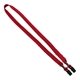 aerial view a red 5/8 double - ended polyester shoelace lanyard with metal crimp and metal bulldog clip, image 1 of 2