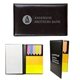 a black case with assorted sticky flags and orange & yellow sticky notes multipurpose sticky note holder