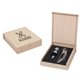 a beige box with silver multi tool and black & silver stopper essential 3- piece wine accessory set