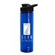 a transparent blue bottle & black lid 24 oz slim fit upcycle rpet bottles with drink - thru lid