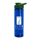 a transparent blue bottle & green lid 24 oz slim fit upcycle rpet bottles with drink - thru lid