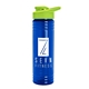 a transparent blue bottle & lime green lid 24 oz slim fit upcycle rpet bottles with drink - thru lid