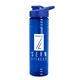 a transparent blue bottle & royal blue lid 24 oz slim fit upcycle rpet bottles with drink - thru lid