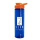 a transparent blue bottle & orange lid 24 oz slim fit upcycle rpet bottles with drink - thru lid