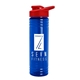 a transparent blue bottle & red lid 24 oz slim fit upcycle rpet bottles with drink - thru lid