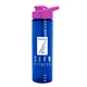 a transparent blue bottle & pink lid 24 oz slim fit upcycle rpet bottles with drink - thru lid