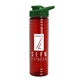 a transparent red bottle & green lid 24 oz slim fit upcycle rpet bottles with drink - thru lid