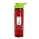 a transparent red bottle & lime green lid 24 oz slim fit upcycle rpet bottles with drink - thru lid