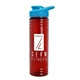 a transparent red bottle & cyan lid 24 oz slim fit upcycle rpet bottles with drink - thru lid