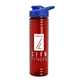 a transparent red bottle & royal blue lid 24 oz slim fit upcycle rpet bottles with drink - thru lid