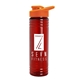 a transparent red bottle & orange lid 24 oz slim fit upcycle rpet bottles with drink - thru lid