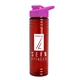 a transparent red bottle & pink lid 24 oz slim fit upcycle rpet bottles with drink - thru lid