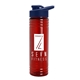 a transparent red bottle & navy blue lid 24 oz slim fit upcycle rpet bottles with drink - thru lid