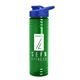 a transparent green bottle & royal blue lid 24 oz slim fit upcycle rpet bottles with drink - thru lid