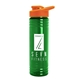 a transparent green bottle & orange lid 24 oz slim fit upcycle rpet bottles with drink - thru lid
