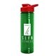 a transparent green bottle & red lid 24 oz slim fit upcycle rpet bottles with drink - thru lid