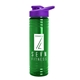 a transparent green bottle & violet lid 24 oz slim fit upcycle rpet bottles with drink - thru lid