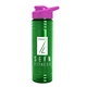 a transparent green bottle & pink lid 24 oz slim fit upcycle rpet bottles with drink - thru lid